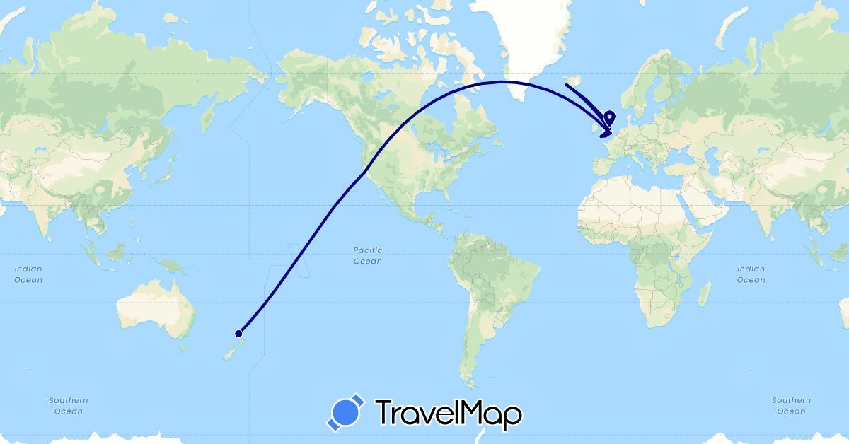 TravelMap itinerary: driving in United Kingdom, Iceland, New Zealand, United States (Europe, North America, Oceania)